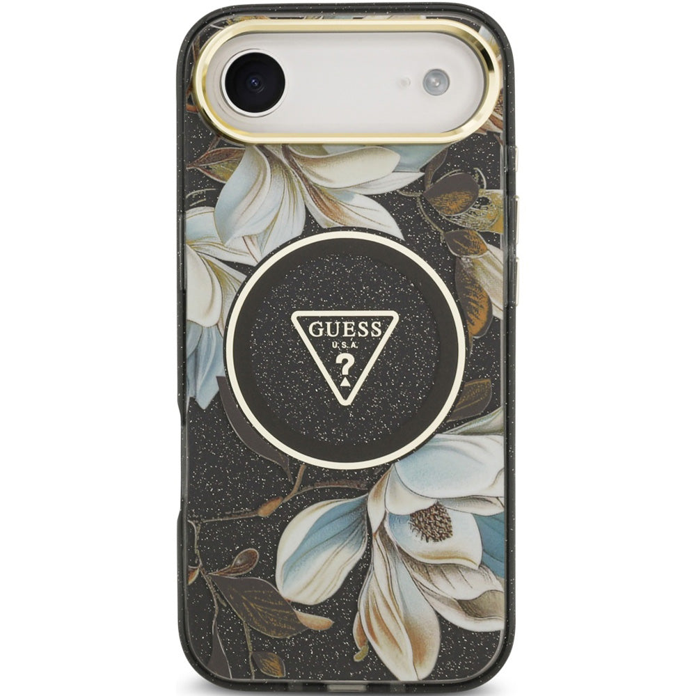 Handyhülle für iPhone Air, Guess IML Metal Glitter Flowers Triangle mit MagSafe, Schwarz mit floralem Muster
