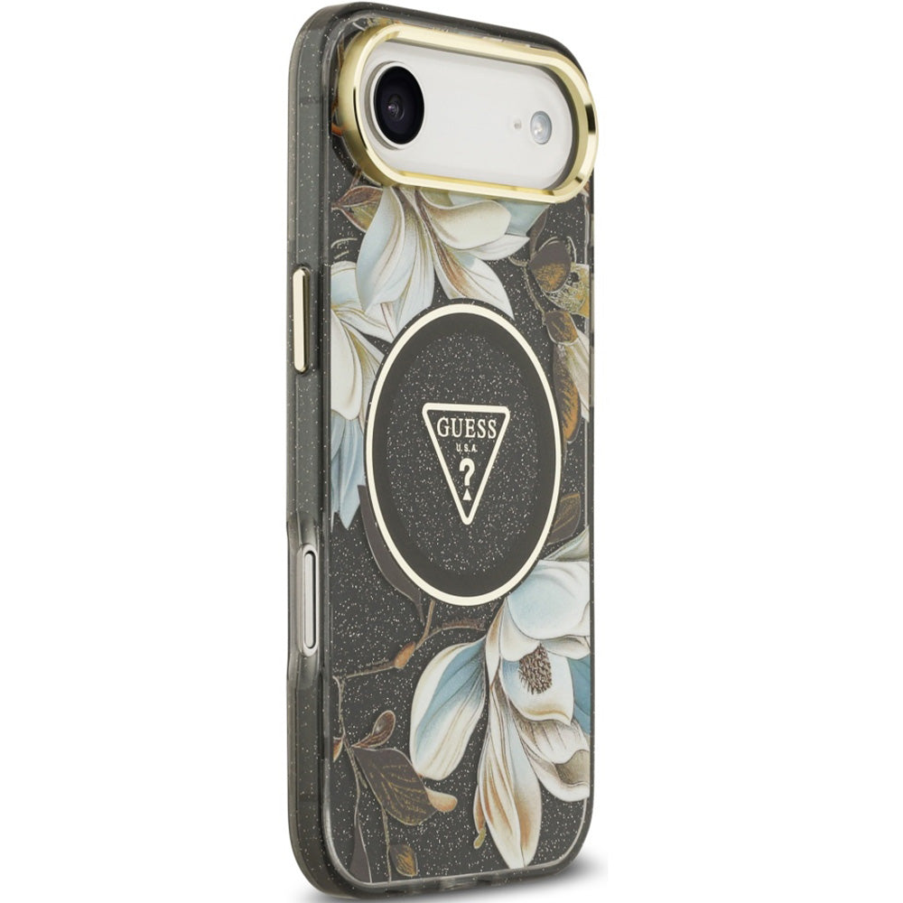 Handyhülle für iPhone Air, Guess IML Metal Glitter Flowers Triangle mit MagSafe, Schwarz mit floralem Muster