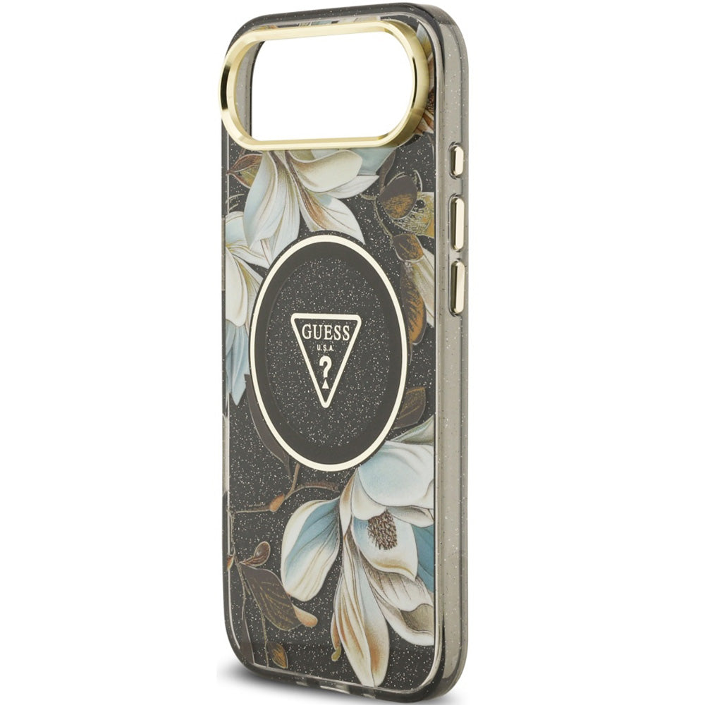 Handyhülle für iPhone Air, Guess IML Metal Glitter Flowers Triangle mit MagSafe, Schwarz mit floralem Muster
