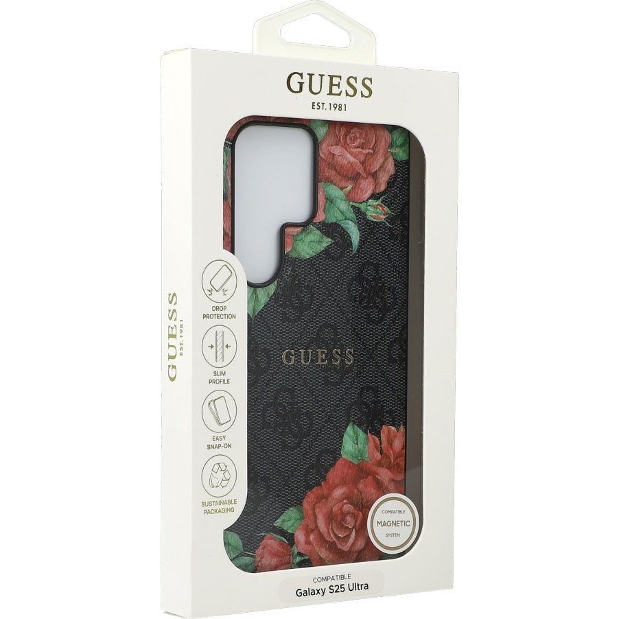 Handyhülle für Galaxy S25 Ultra Guess Hardcase 4G Leather Flower Print Metal Logo MagSafe, Schwarz