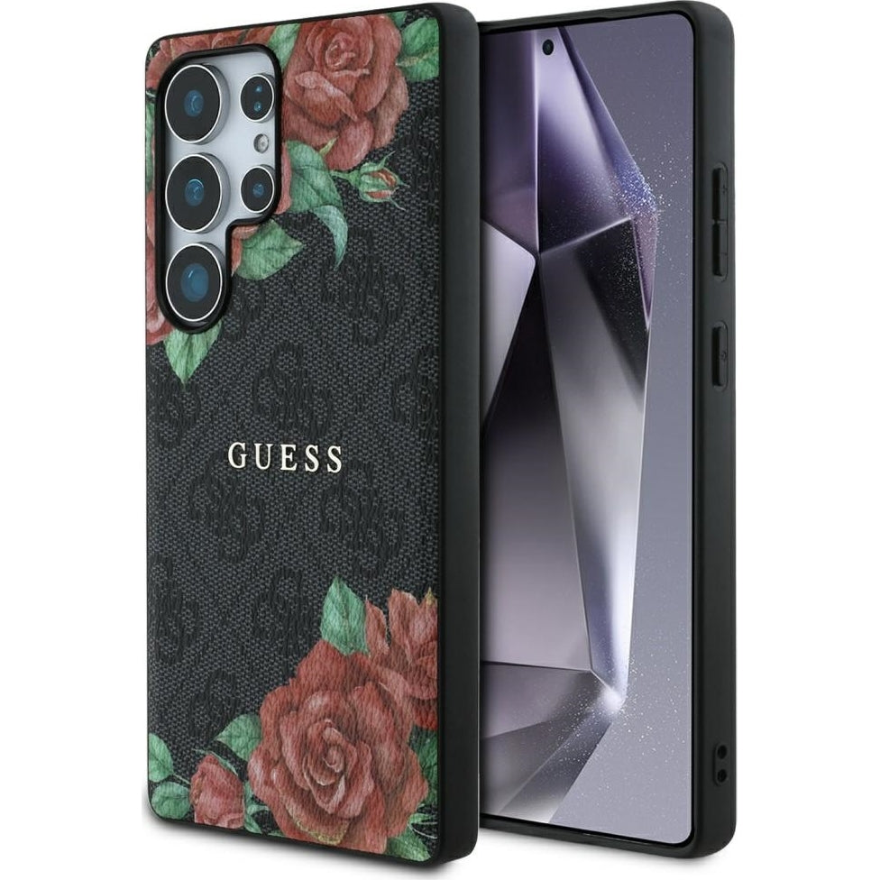 Handyhülle für Galaxy S25 Ultra Guess Hardcase 4G Leather Flower Print Metal Logo MagSafe, Schwarz