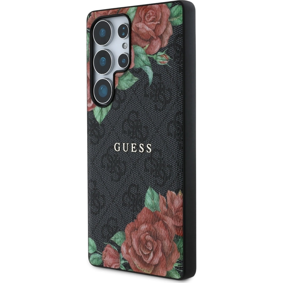 Handyhülle für Galaxy S25 Ultra Guess Hardcase 4G Leather Flower Print Metal Logo MagSafe, Schwarz