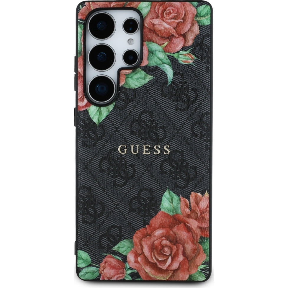 Handyhülle für Galaxy S25 Ultra Guess Hardcase 4G Leather Flower Print Metal Logo MagSafe, Schwarz