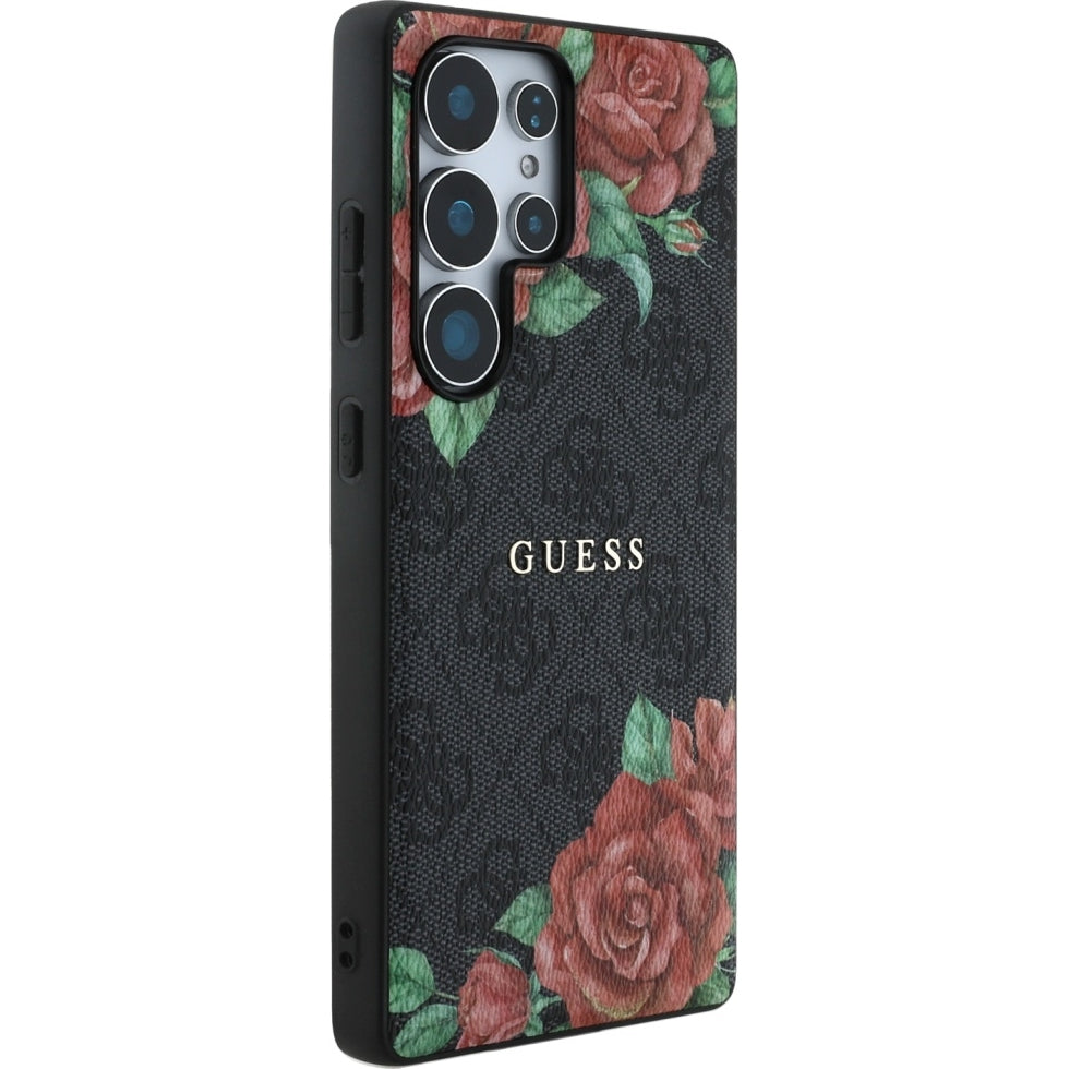 Handyhülle für Galaxy S25 Ultra Guess Hardcase 4G Leather Flower Print Metal Logo MagSafe, Schwarz