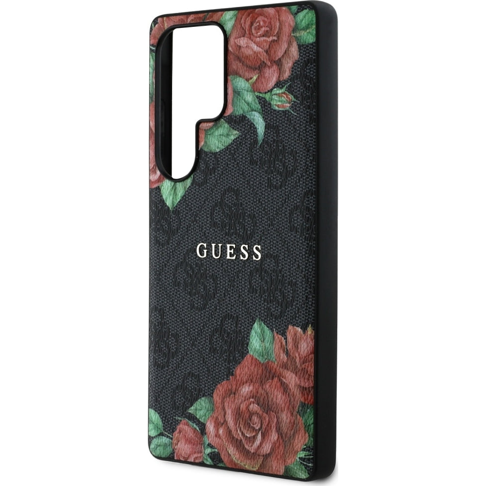 Handyhülle für Galaxy S25 Ultra Guess Hardcase 4G Leather Flower Print Metal Logo MagSafe, Schwarz