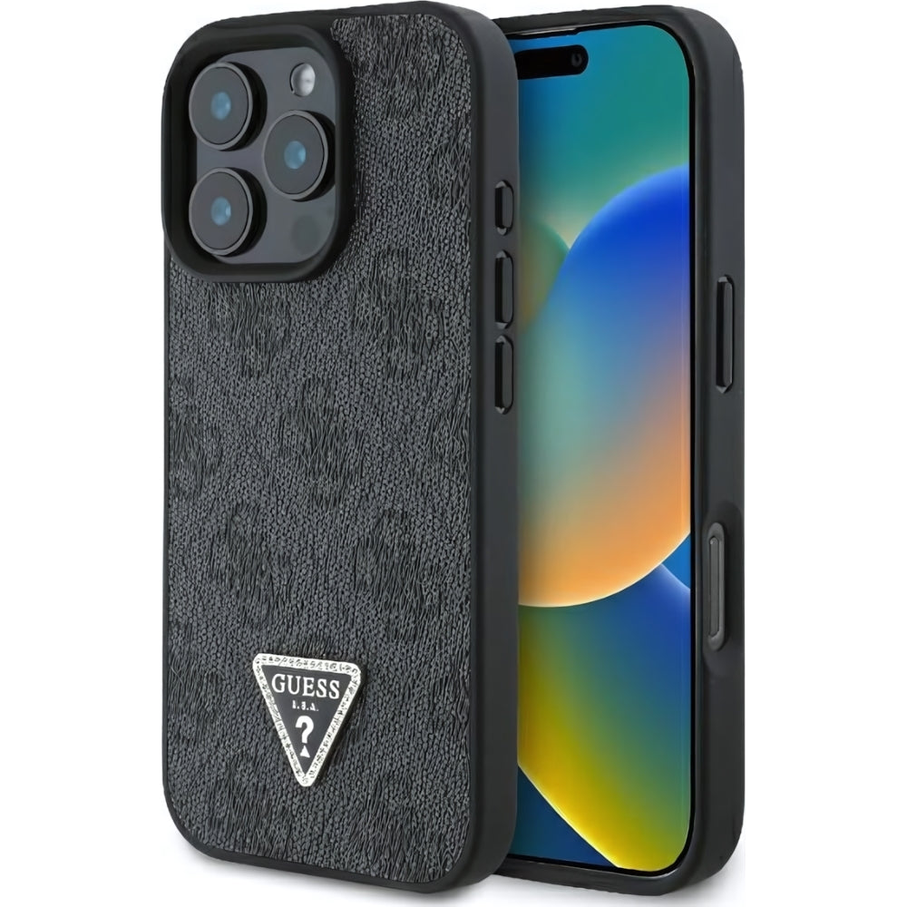 Handyhülle für iPhone 16 Pro, Guess HardCase Leather 4G Triangle Strass, Schwarz
