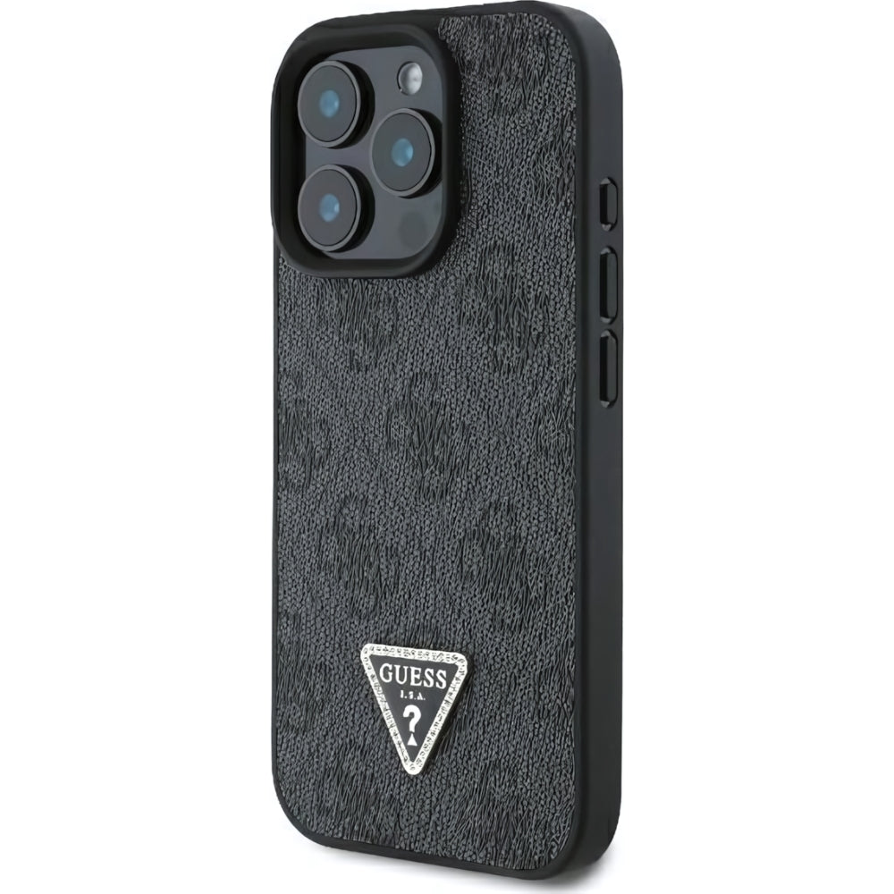 Handyhülle für iPhone 16 Pro, Guess HardCase Leather 4G Triangle Strass, Schwarz