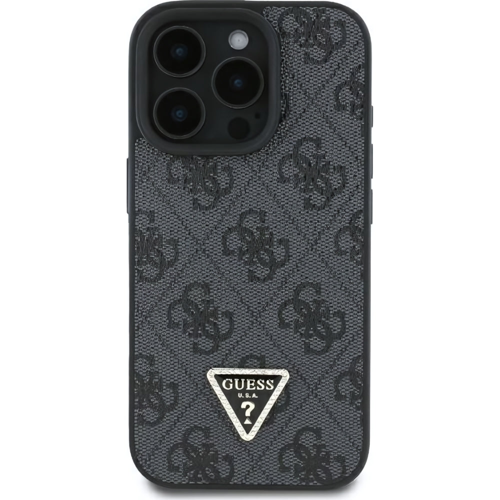 Handyhülle für iPhone 16 Pro, Guess HardCase Leather 4G Triangle Strass, Schwarz