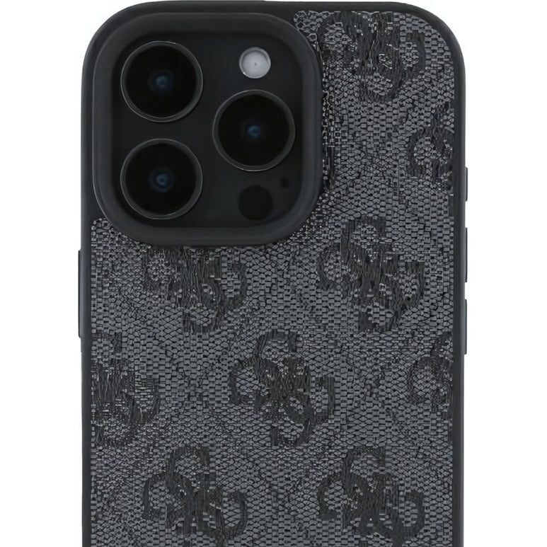Handyhülle für iPhone 16 Pro, Guess HardCase Leather 4G Triangle Strass, Schwarz