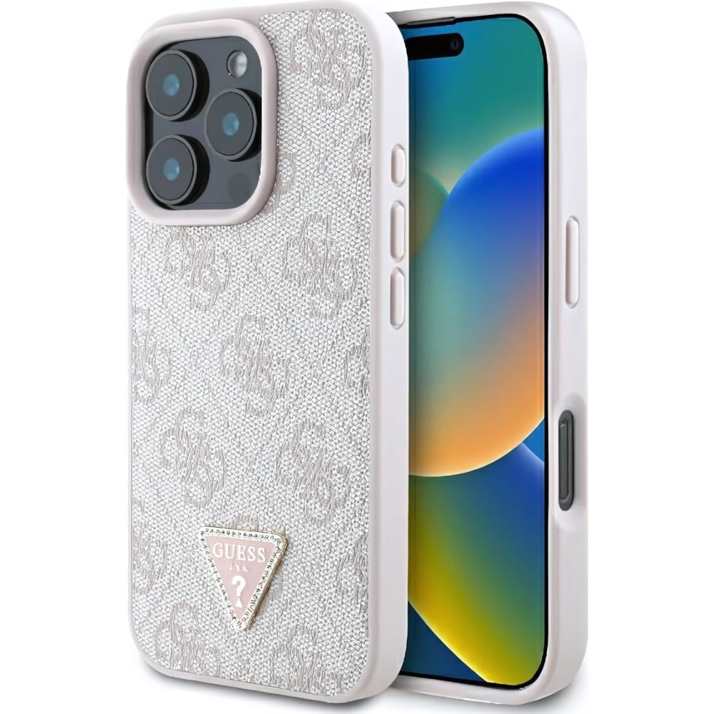 Handyhülle für iPhone 16 Pro, Guess HardCase Leather 4G Triangle Strass, Rosa