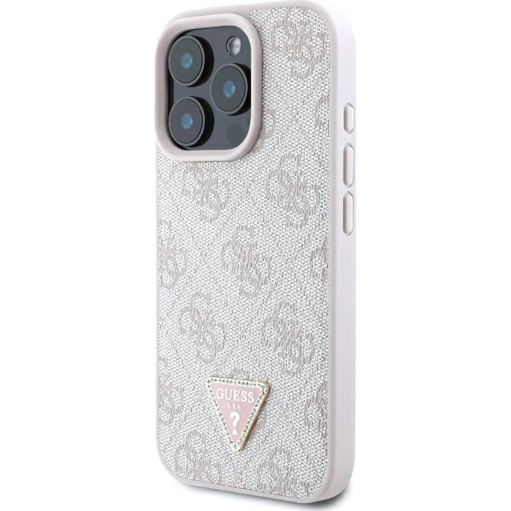 Handyhülle für iPhone 16 Pro, Guess HardCase Leather 4G Triangle Strass, Rosa