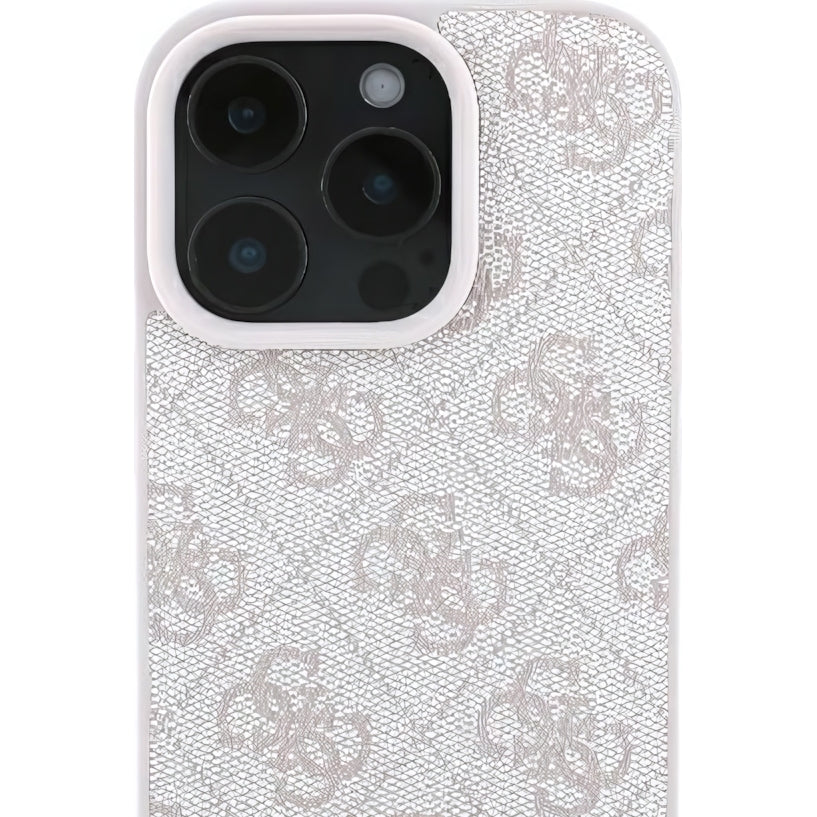 Handyhülle für iPhone 16 Pro, Guess HardCase Leather 4G Triangle Strass, Rosa