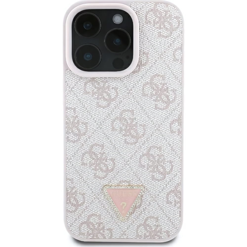 Handyhülle für iPhone 16 Pro, Guess HardCase Leather 4G Triangle Strass, Rosa