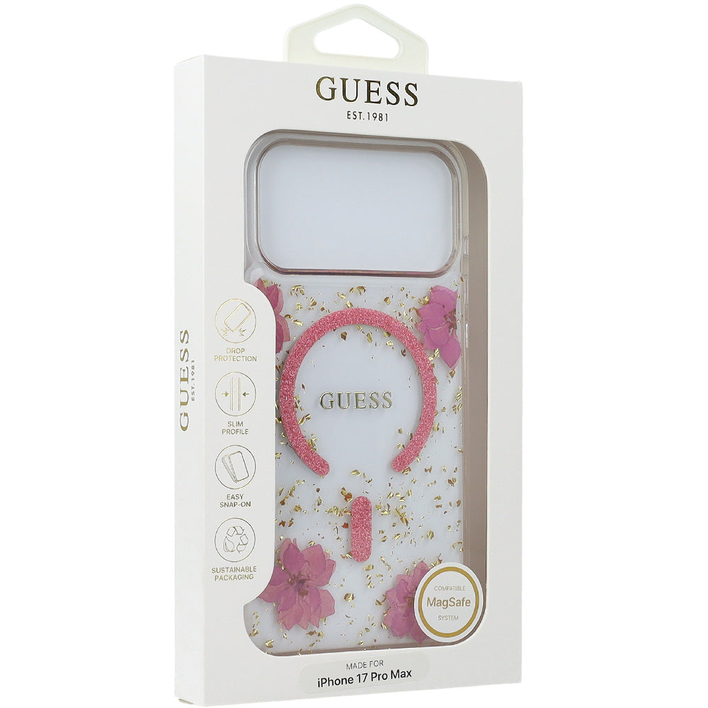 Handyhülle für iPhone 17 Pro Max, Guess Resin Flowers Glitter mit MagSafe, Rosa mit floralem Muster