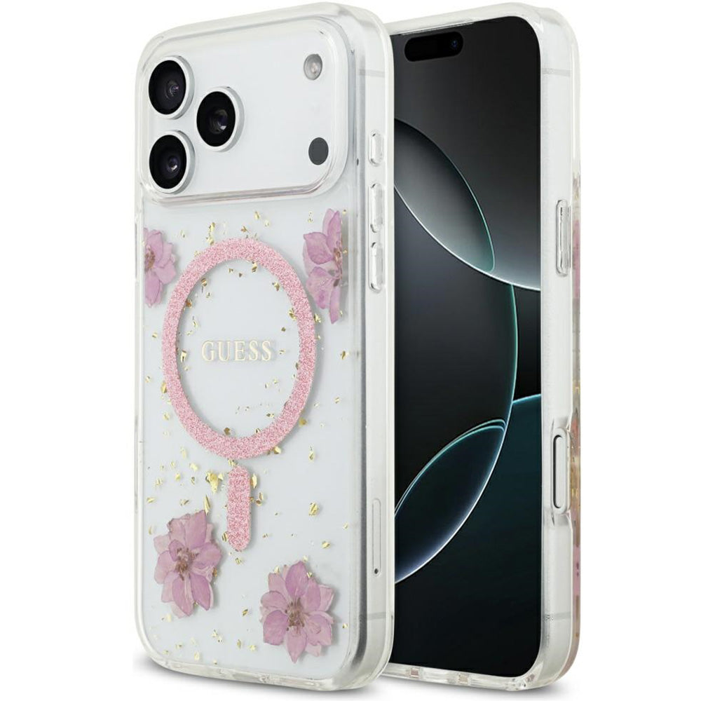Handyhülle für iPhone 17 Pro Max, Guess Resin Flowers Glitter mit MagSafe, Rosa mit floralem Muster