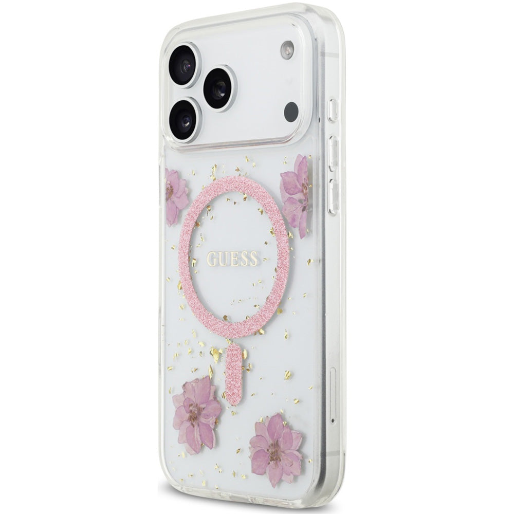 Handyhülle für iPhone 17 Pro Max, Guess Resin Flowers Glitter mit MagSafe, Rosa mit floralem Muster