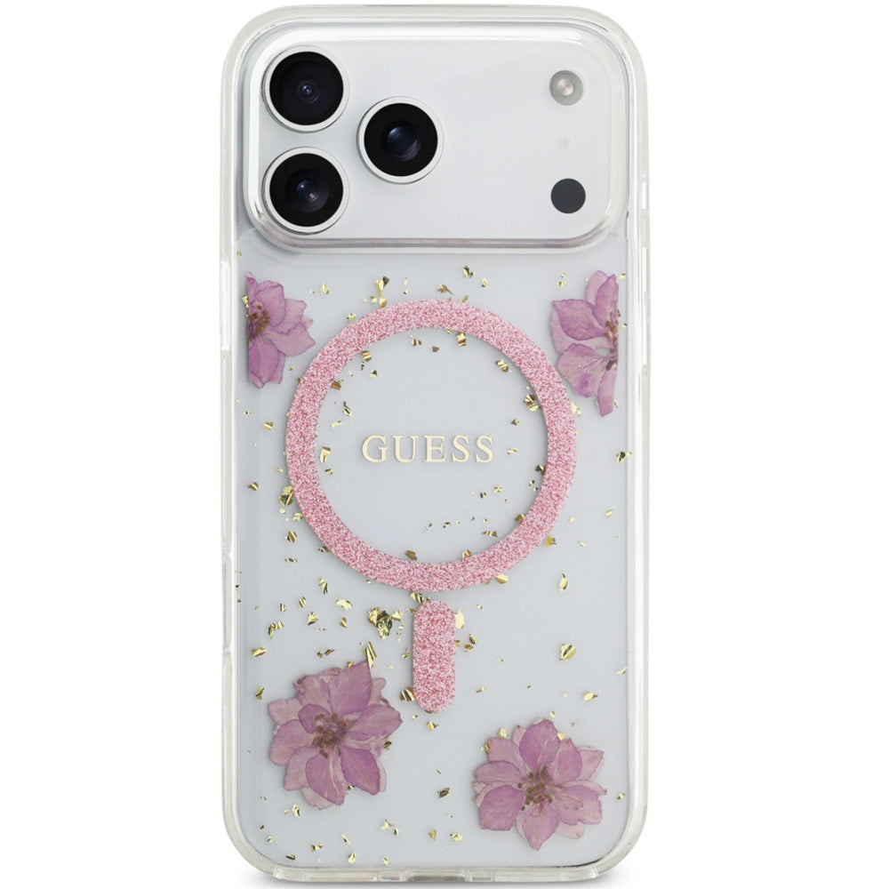 Handyhülle für iPhone 17 Pro Max, Guess Resin Flowers Glitter mit MagSafe, Rosa mit floralem Muster