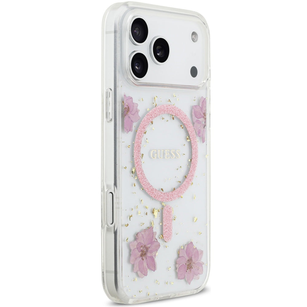 Handyhülle für iPhone 17 Pro Max, Guess Resin Flowers Glitter mit MagSafe, Rosa mit floralem Muster