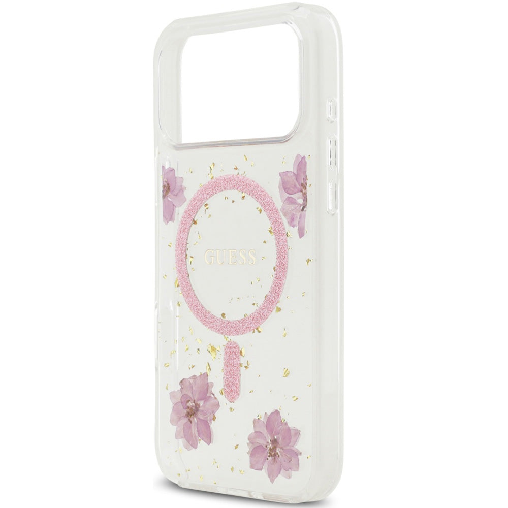 Handyhülle für iPhone 17 Pro Max, Guess Resin Flowers Glitter mit MagSafe, Rosa mit floralem Muster