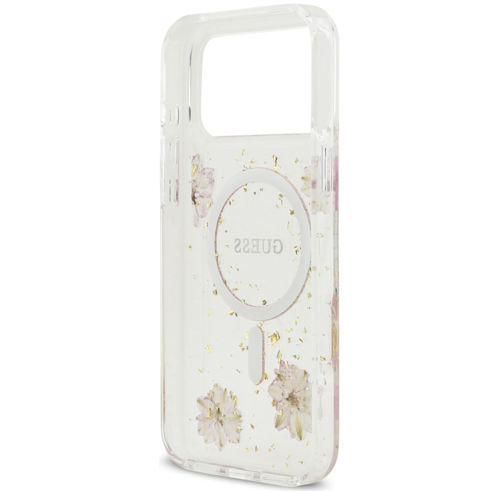 Handyhülle für iPhone 17 Pro Max, Guess Resin Flowers Glitter mit MagSafe, Rosa mit floralem Muster