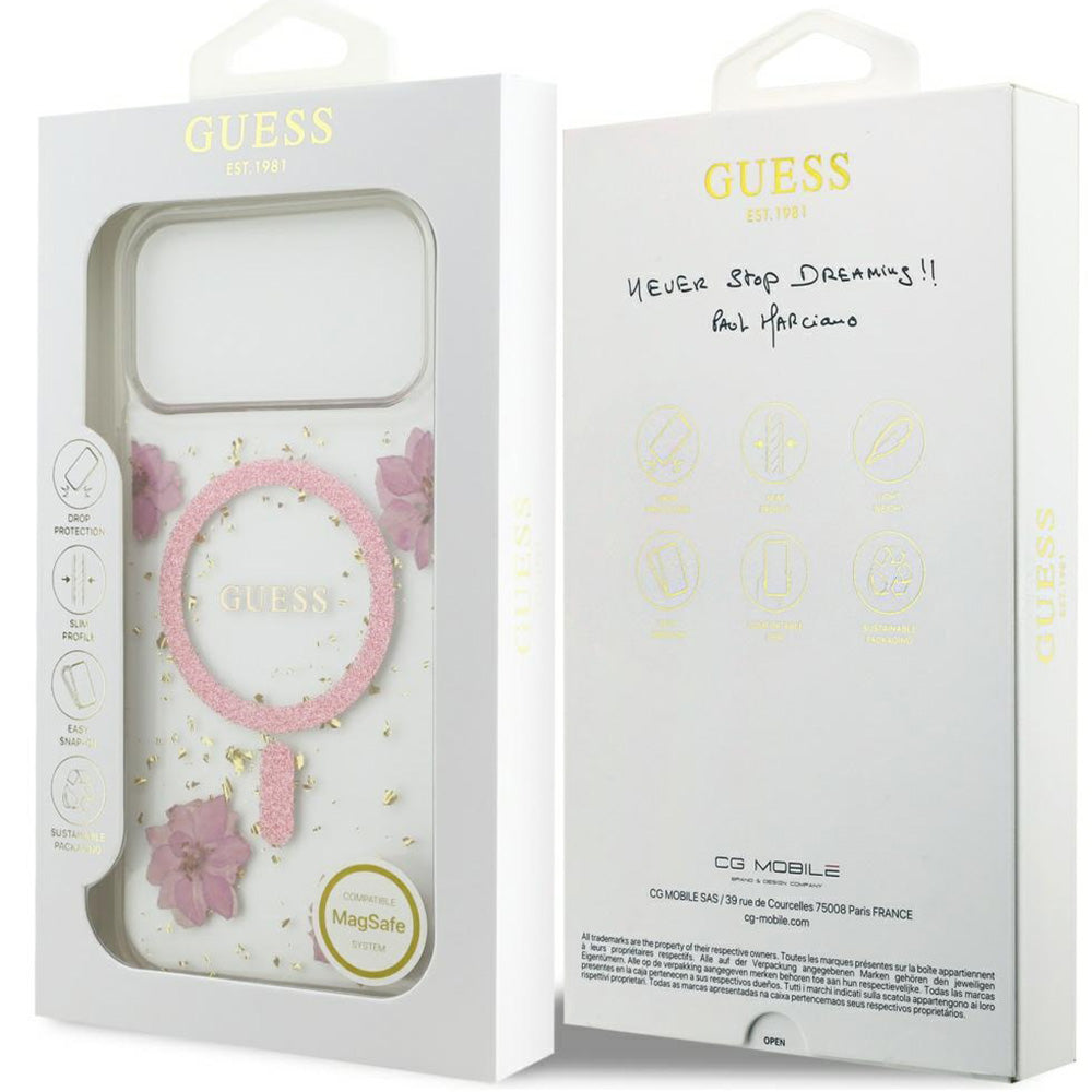 Handyhülle für iPhone 17 Pro Max, Guess Resin Flowers Glitter mit MagSafe, Rosa mit floralem Muster