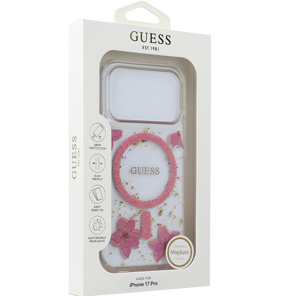 Handyhülle für iPhone 17 Pro, Guess Resin Flowers Glitter mit MagSafe, Rosa mit floralem Muster