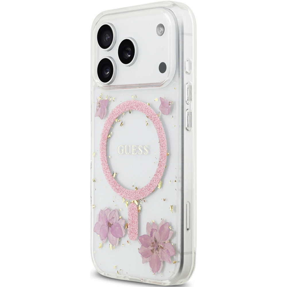 Handyhülle für iPhone 17 Pro, Guess Resin Flowers Glitter mit MagSafe, Rosa mit floralem Muster