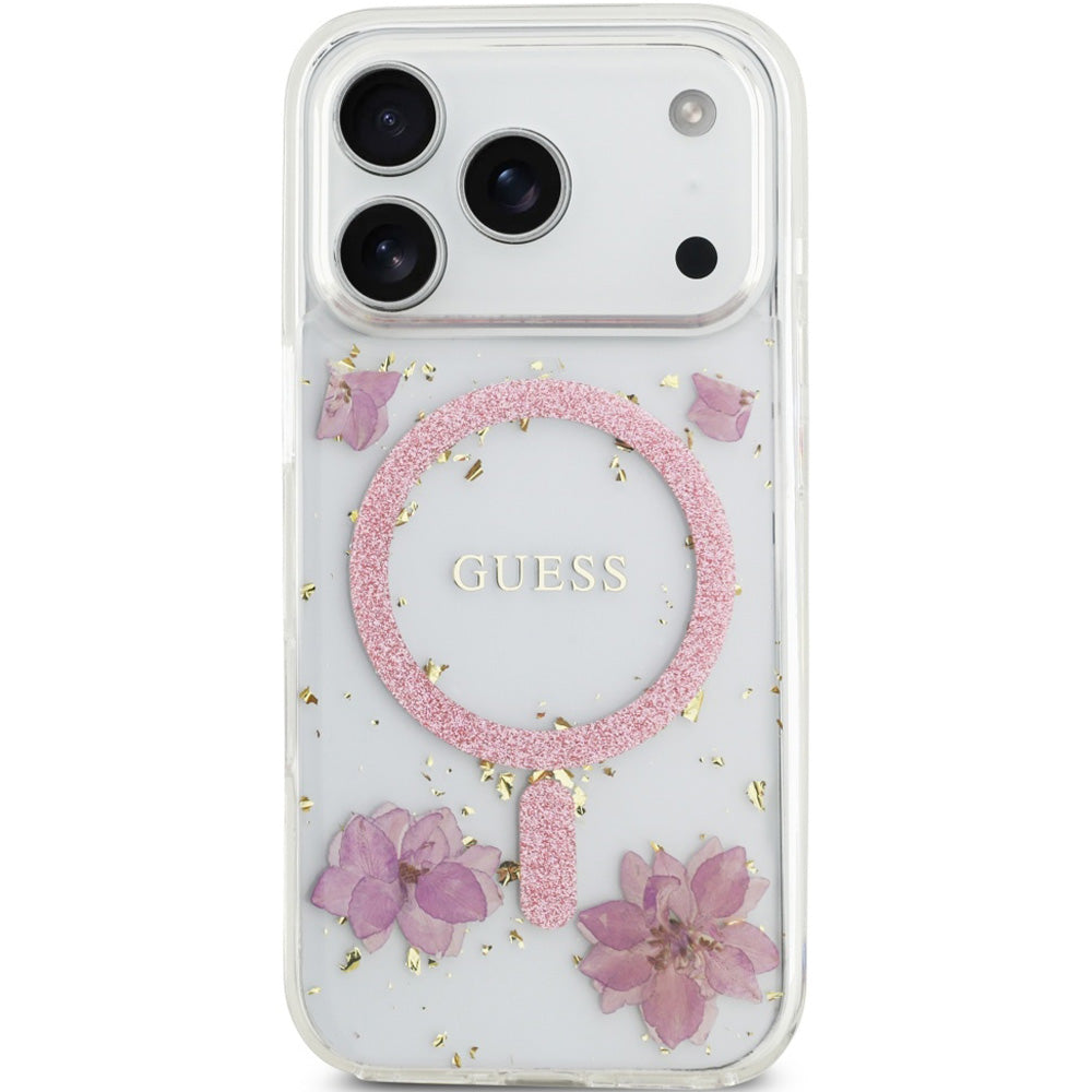 Handyhülle für iPhone 17 Pro, Guess Resin Flowers Glitter mit MagSafe, Rosa mit floralem Muster