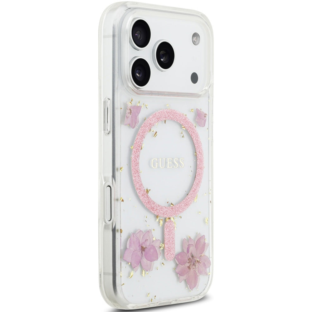 Handyhülle für iPhone 17 Pro, Guess Resin Flowers Glitter mit MagSafe, Rosa mit floralem Muster