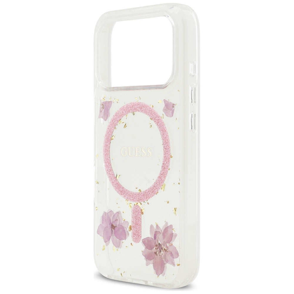 Handyhülle für iPhone 17 Pro, Guess Resin Flowers Glitter mit MagSafe, Rosa mit floralem Muster