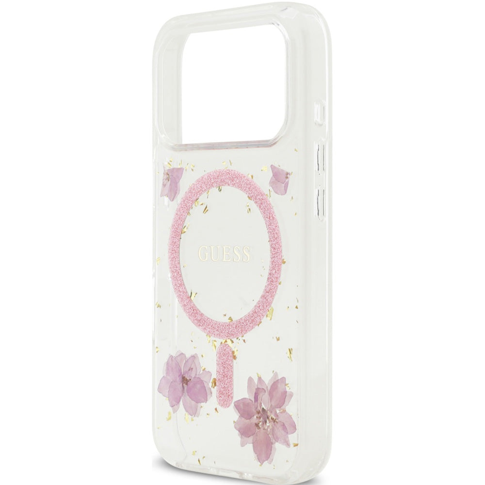 Handyhülle für iPhone 17 Pro, Guess Resin Flowers Glitter mit MagSafe, Rosa mit floralem Muster