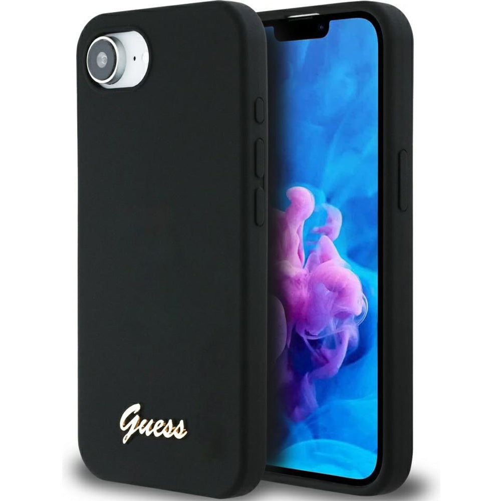 Handyhülle für iPhone 17e / 16e, Guess Hardcase Silicone Script Metal Logo mit MagSafe, Schwarz