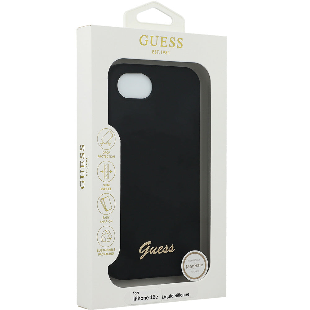 Handyhülle für iPhone 17e / 16e, Guess Hardcase Silicone Script Metal Logo mit MagSafe, Schwarz