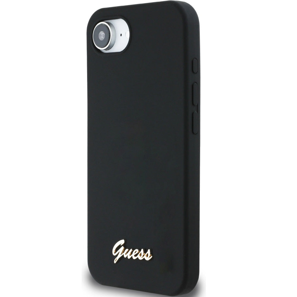 Handyhülle für iPhone 17e / 16e, Guess Hardcase Silicone Script Metal Logo mit MagSafe, Schwarz