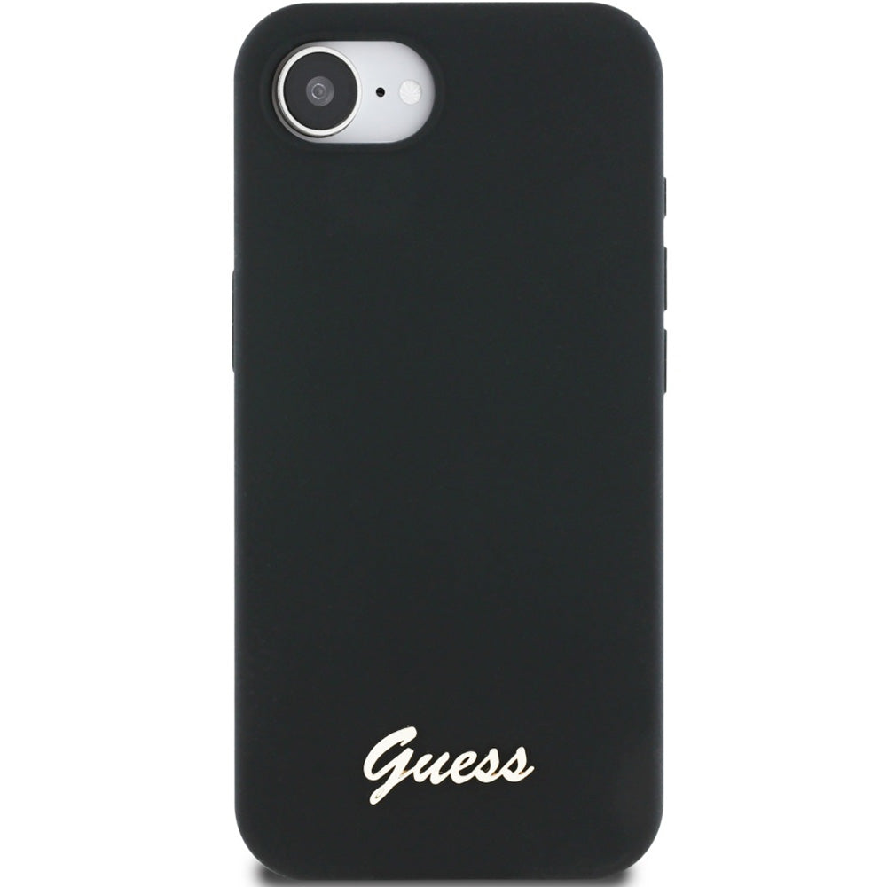 Handyhülle für iPhone 17e / 16e, Guess Hardcase Silicone Script Metal Logo mit MagSafe, Schwarz