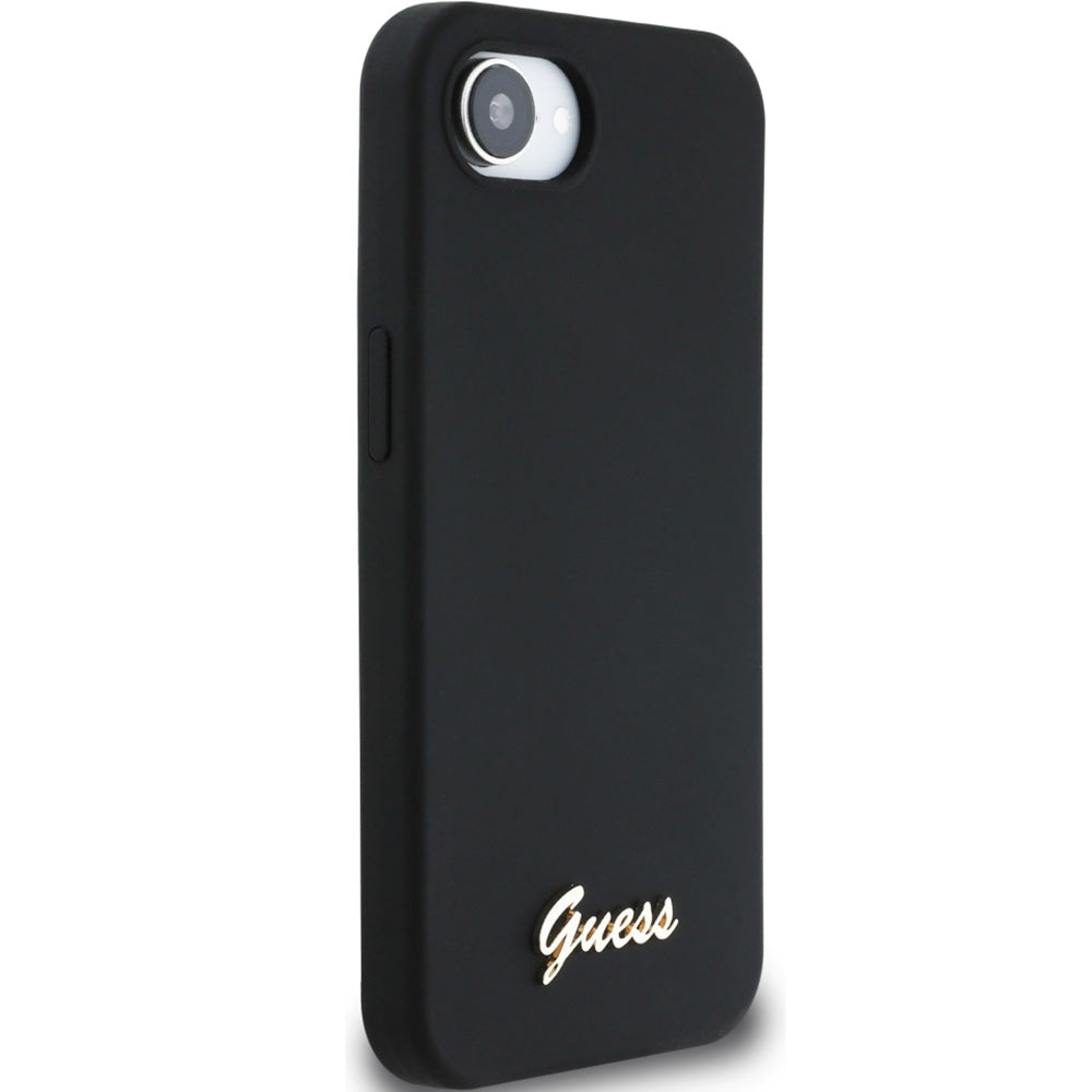 Handyhülle für iPhone 17e / 16e, Guess Hardcase Silicone Script Metal Logo mit MagSafe, Schwarz
