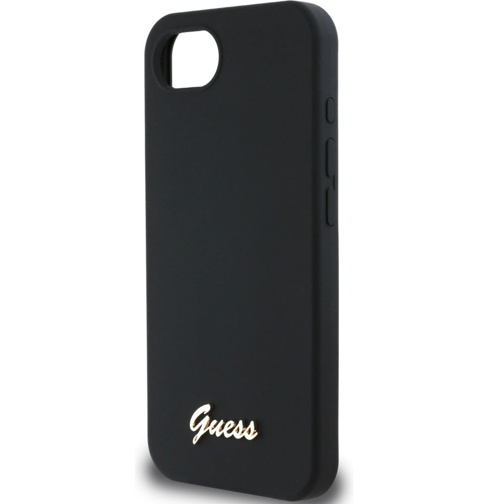 Handyhülle für iPhone 17e / 16e, Guess Hardcase Silicone Script Metal Logo mit MagSafe, Schwarz