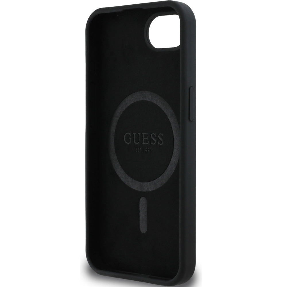 Handyhülle für iPhone 17e / 16e, Guess Hardcase Silicone Script Metal Logo mit MagSafe, Schwarz
