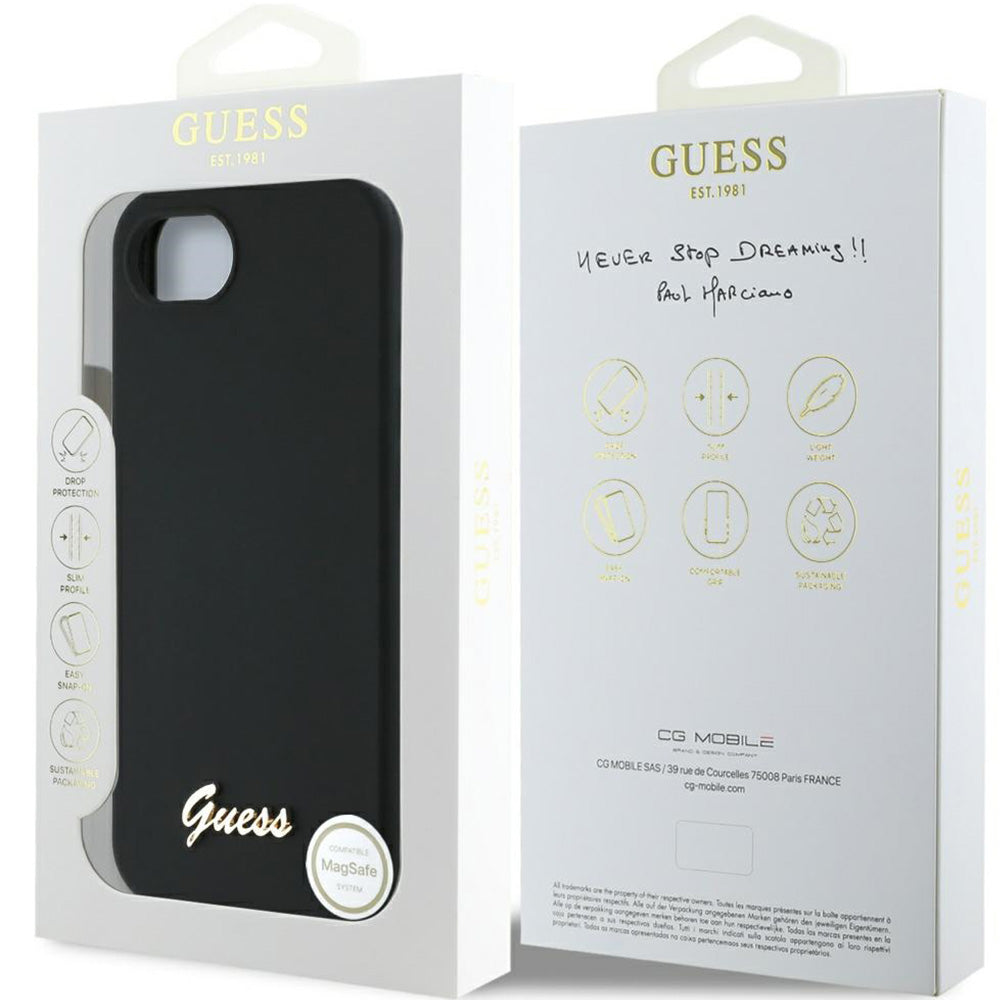 Handyhülle für iPhone 17e / 16e, Guess Hardcase Silicone Script Metal Logo mit MagSafe, Schwarz