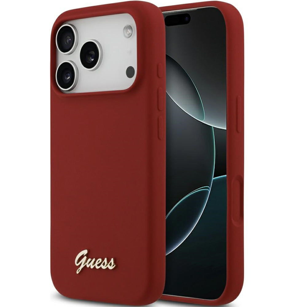 Handyhülle für iPhone 17 Pro, Guess Hardcase Silicone Script Metal Logo mit MagSafe, Rot