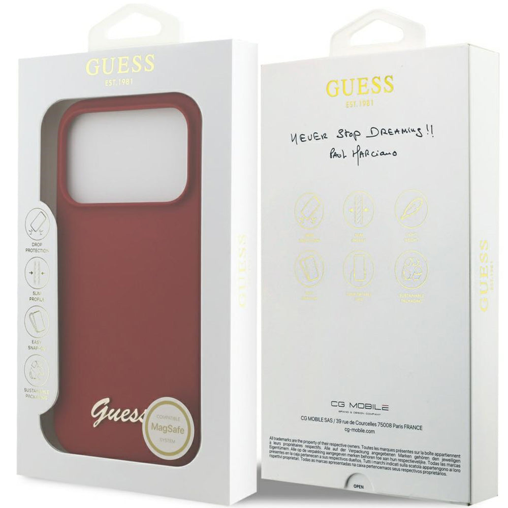 Handyhülle für iPhone 17 Pro, Guess Hardcase Silicone Script Metal Logo mit MagSafe, Rot