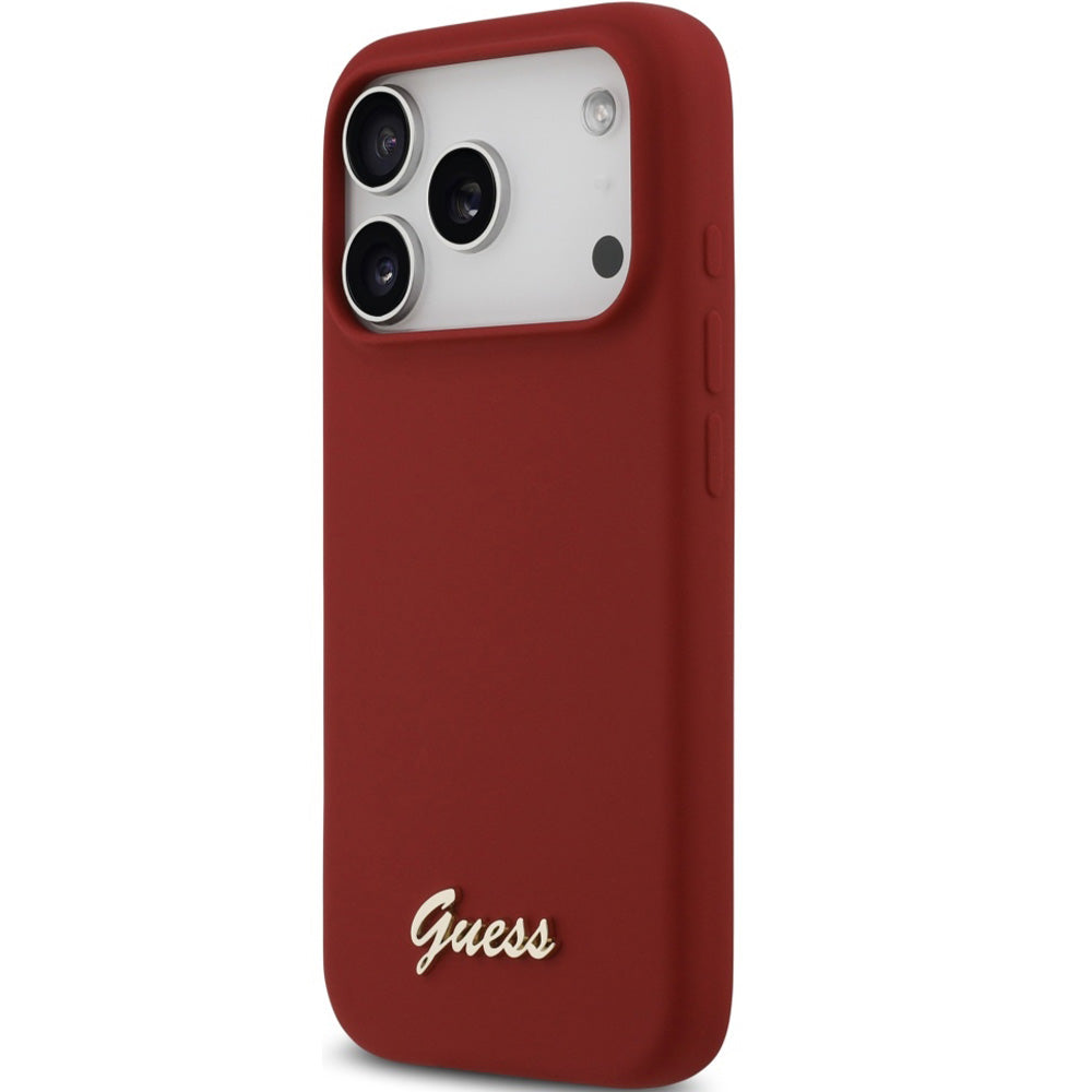 Handyhülle für iPhone 17 Pro, Guess Hardcase Silicone Script Metal Logo mit MagSafe, Rot