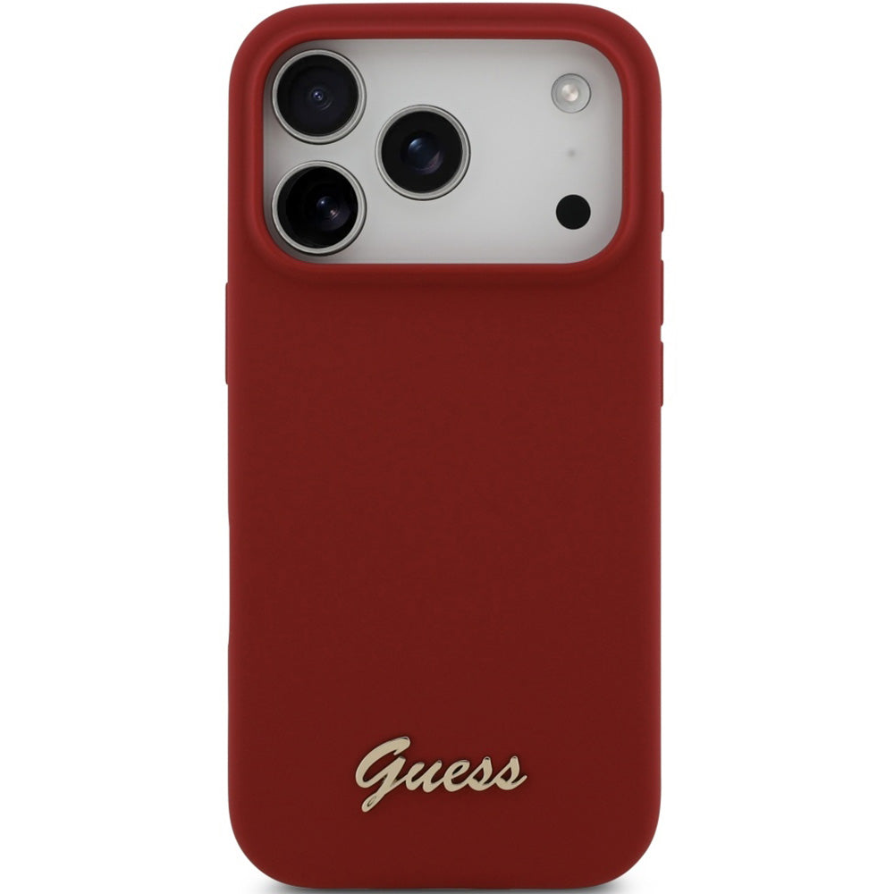 Handyhülle für iPhone 17 Pro, Guess Hardcase Silicone Script Metal Logo mit MagSafe, Rot