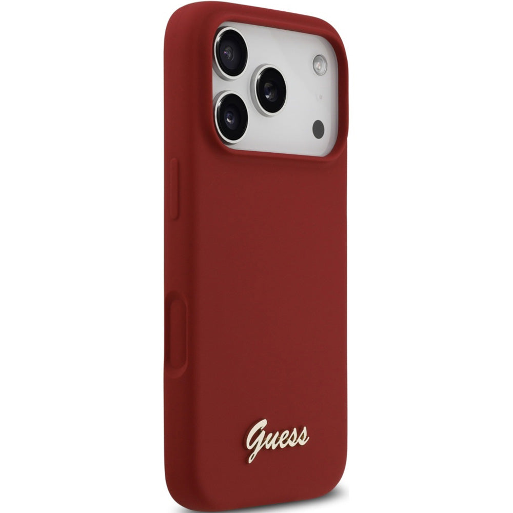 Handyhülle für iPhone 17 Pro, Guess Hardcase Silicone Script Metal Logo mit MagSafe, Rot