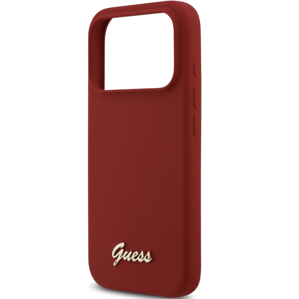 Handyhülle für iPhone 17 Pro, Guess Hardcase Silicone Script Metal Logo mit MagSafe, Rot