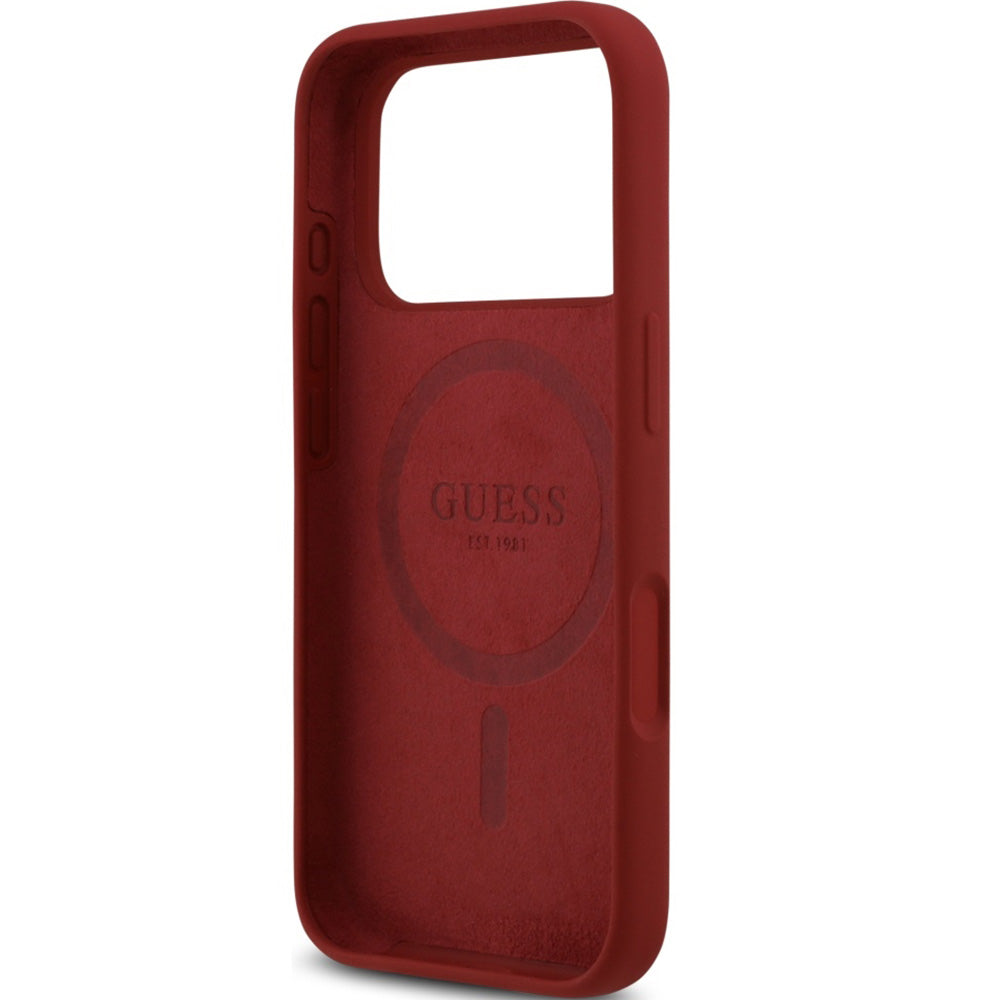 Handyhülle für iPhone 17 Pro, Guess Hardcase Silicone Script Metal Logo mit MagSafe, Rot