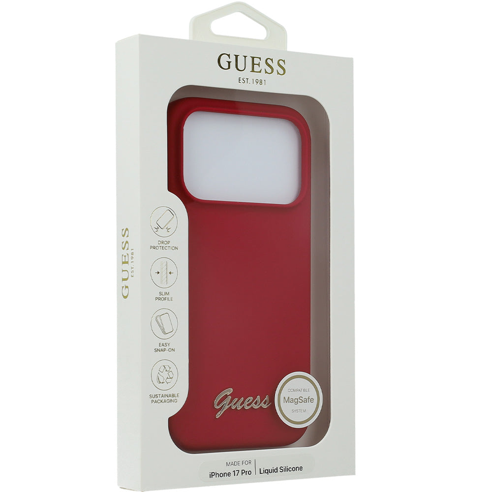Handyhülle für iPhone 17 Pro, Guess Hardcase Silicone Script Metal Logo mit MagSafe, Rot