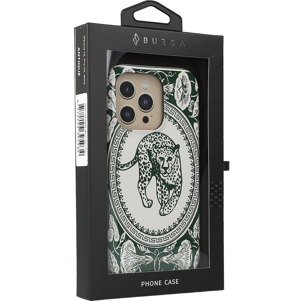 Handyhülle für iPhone 16 Pro, Burga Antique Tough Magnetic, Beige mit Grünen Mustern