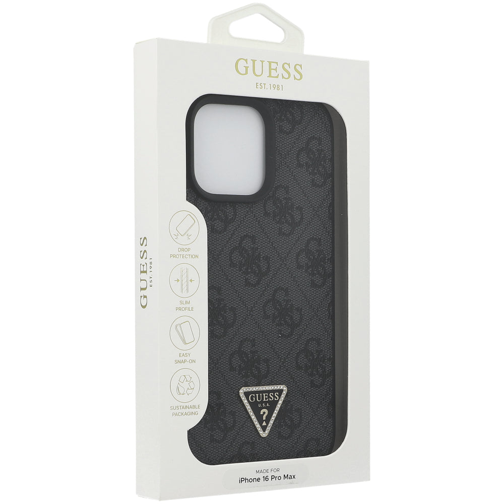 Handyhülle für iPhone 16 Pro Max, Guess HardCase Leather 4G Triangle Strass, Schwarz