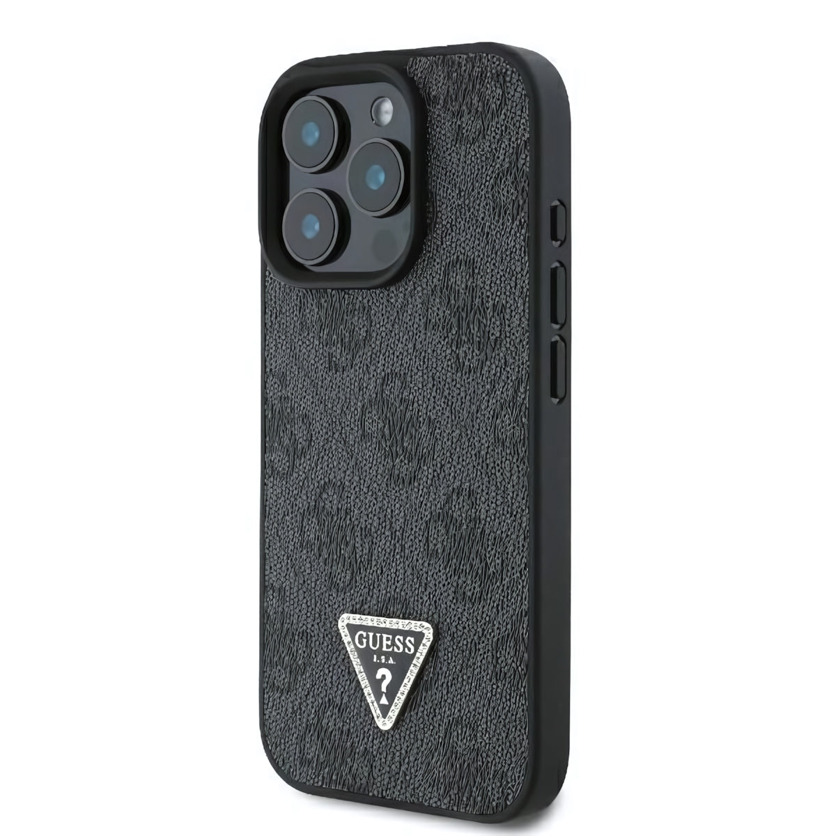 Handyhülle für iPhone 16 Pro Max, Guess HardCase Leather 4G Triangle Strass, Schwarz